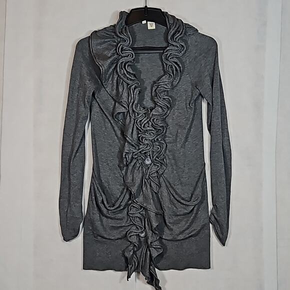 Anthropologie Moth Grey Drapey Ruffle Front Long Cardigan Sweater Cashmere blend - Picture 1 of 8
